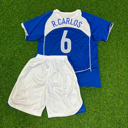 Roberto Carlos #6 Brazil 2004 Blue Away Kids Kit Retro Football Jersey Kit