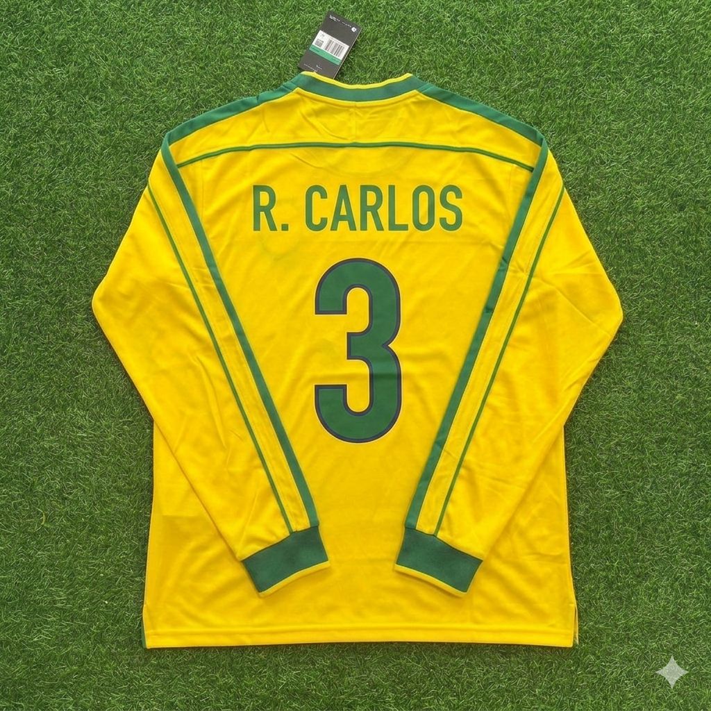 Roberto Carlos #3- Brazil Long Sleeve Retro Football Kit Jersey Trikot Maillot Shirt