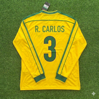 Roberto Carlos #3- Brazil Long Sleeve Retro Football Kit Jersey Trikot Maillot Shirt