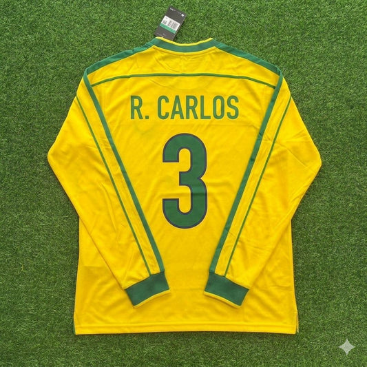 Roberto Carlos #3- Brazil Long Sleeve Retro Football Kit Jersey Trikot Maillot Shirt