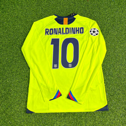 Ronaldinho Gaucho Barcelona 2005-2006 Yellow Green Retro Long Sleeve Football Jersey