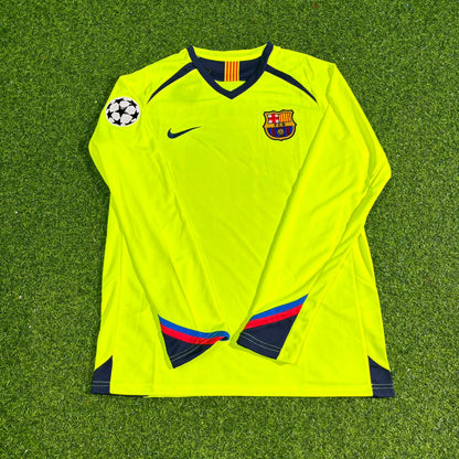 Ronaldinho Gaucho Barcelona 2005-2006 Yellow Green Retro Long Sleeve Football Jersey