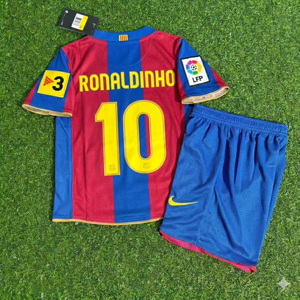 Ronaldinho 10- Barcelona 2007/2008 Retro KIDS Football Jersey