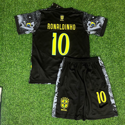 Ronaldinho Gaucho Brazil Black Kids Retro Football Jersey Set Soccer Shirt