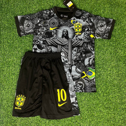 Ronaldinho Gaucho Brazil Black Kids Retro Football Jersey Set Soccer Shirt