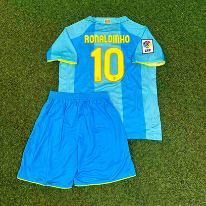 Ronaldinho Gaucho Barcelona 2008 Away Blue Kids Retro Jersey Kit Trikot Maillot Soccer Shirt