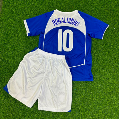 Ronaldinho #10 Brazil 2004 Blue Away Kids Kit Retro Football Jersey Kit