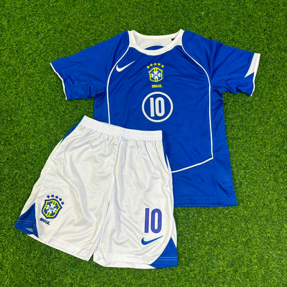 Ronaldinho #10 Brazil 2004 Blue Away Kids Kit Retro Football Jersey Kit