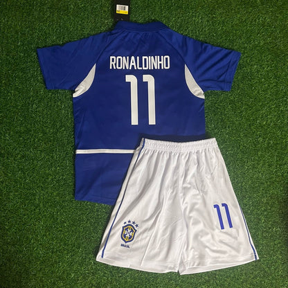 Ronaldinho Brazil 2002 Away Kids Kit – Kit Jersey for Children – | KinderTrikot | Maillot Enfant Soccer Shirt