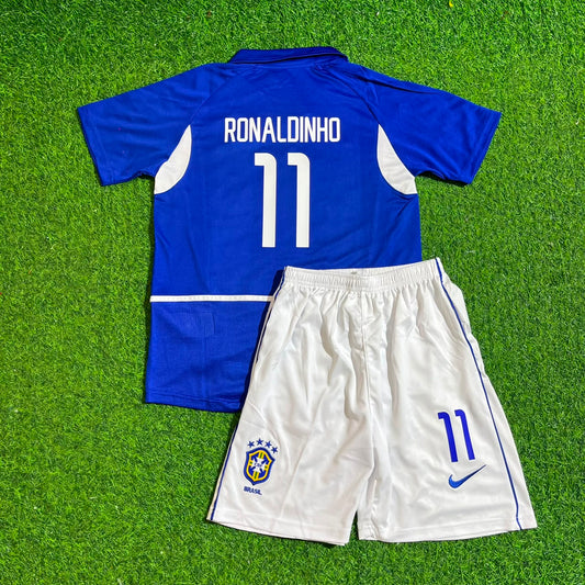 Ronaldinho Brazil 2002 Away Kids Kit – Kit Jersey for Children – | KinderTrikot | Maillot Enfant Soccer Shirt