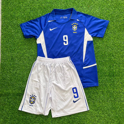 Ronaldo Nazario Brazil 2002 World Cup Retro Away Blue Kids Jersey Kinder Trikot Maillot Enfant