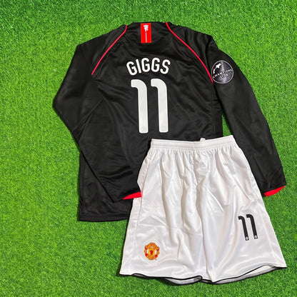 Ryan Giggs Manchester United 2007/2008 CL Patch Black KIDS Retro Football Jersey Kit