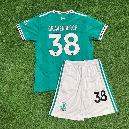 Ryan Gravenberch Liverpool Green New Season Kids Football Jersey Kit
