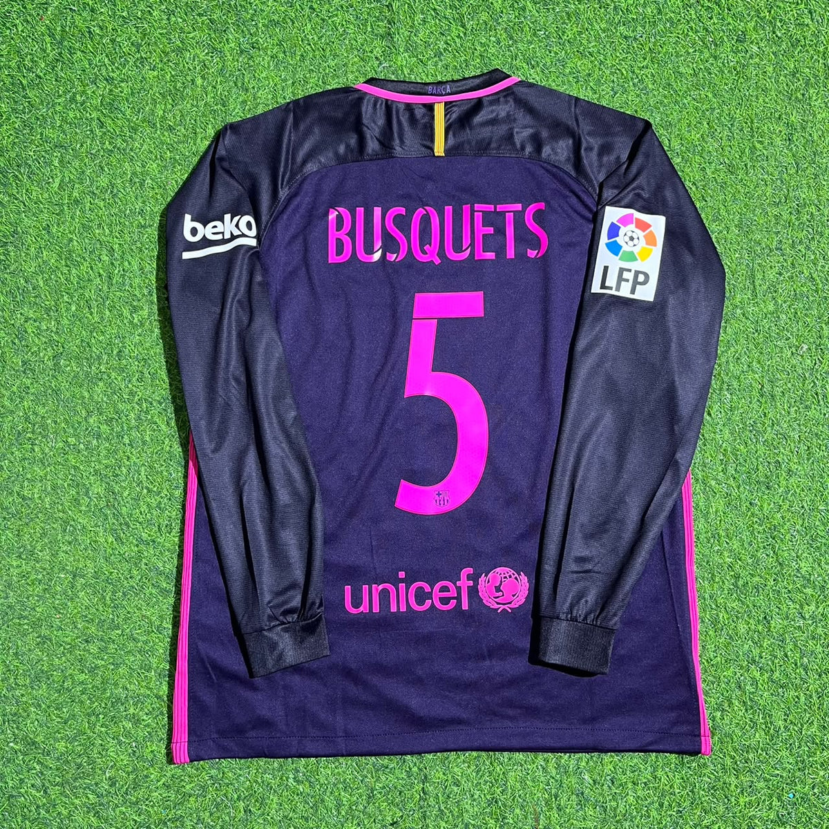 Sergio Busquets Barcelona 2014/2015 Retro Pink Printing Long Sleeve Jersey Maillot Trikot Maglia