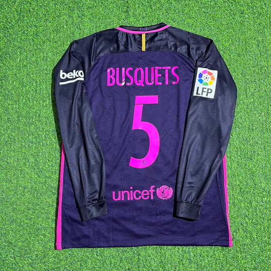 Sergio Busquets Barcelona 2014/2015 Retro Pink Printing Long Sleeve Jersey Maillot Trikot Maglia