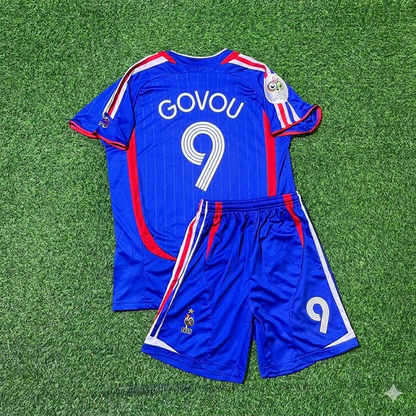 Sidney Govou #9 France 2006 World Cup Kids Blue Retro Football Jersey Kit