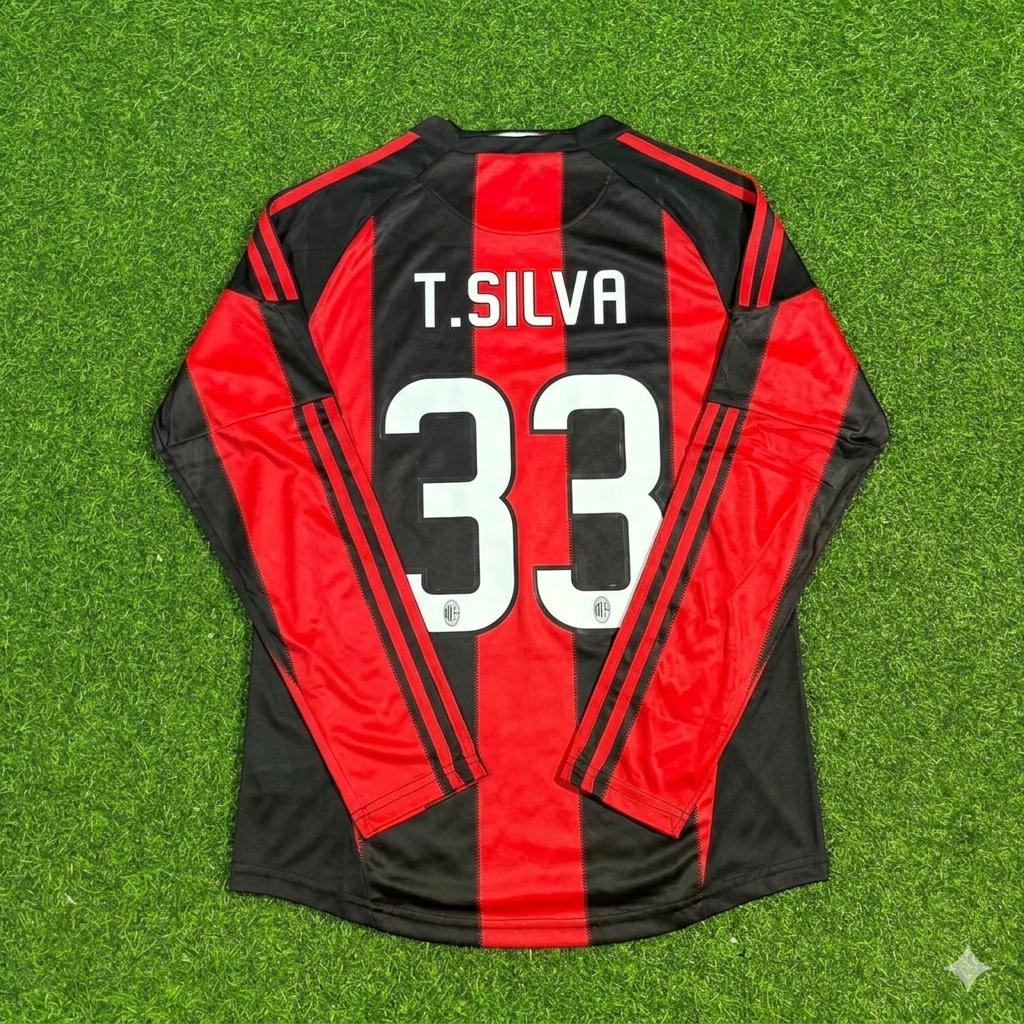 Thiago Silva AC Milan 2010-2011 Home Log Sleeve Retro Football Jersey