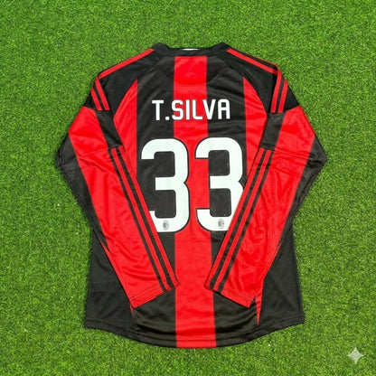 Thiago Silva AC Milan 2010-2011 Home Log Sleeve Retro Football Jersey