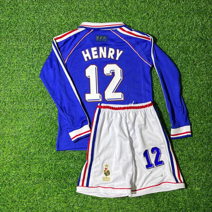 Thierry Henry France 1998 World Cup Long Sleeve Kids Retro Football Jersey Kit