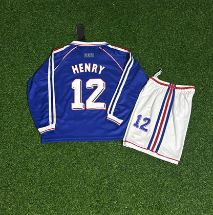Thierry Henry France 1998 World Cup Long Sleeve Kids Retro Football Jersey Kit