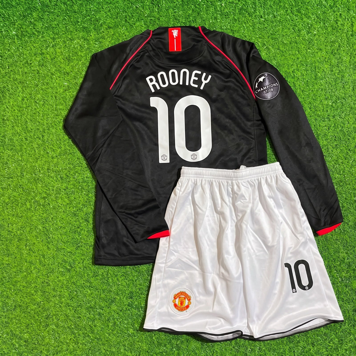 Wayne Rooney Manchester United 2007/2008 CL Patch Black KIDS Retro Football Jersey Kit
