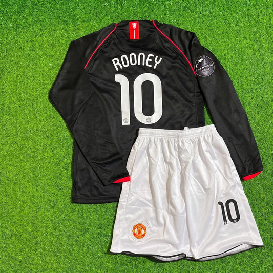 Wayne Rooney Manchester United 2007/2008 CL Patch Black KIDS Retro Football Jersey Kit