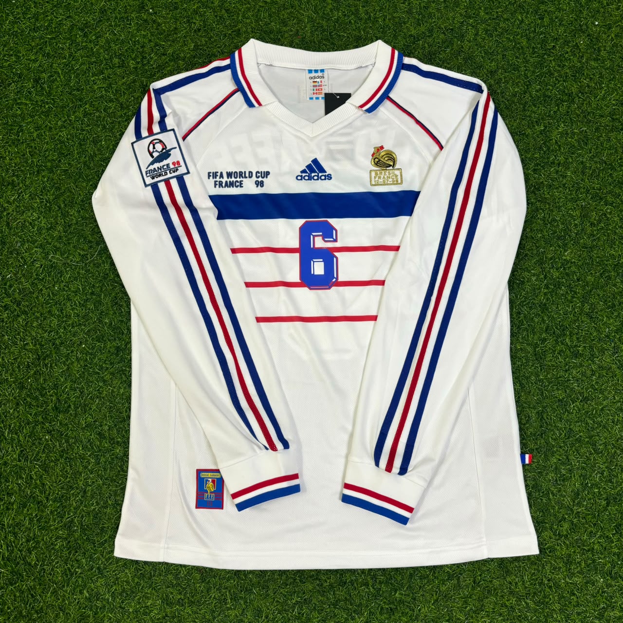 Maillot rétro manches longues extérieur blanc Youri Djorkaeff #6 France Coupe du Monde 1998
