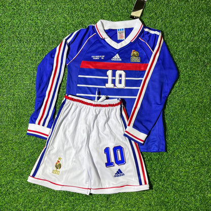 Zinedine Zidane France 1998 World Cup Retro Long Sleeve Kids Football Jersey Kit