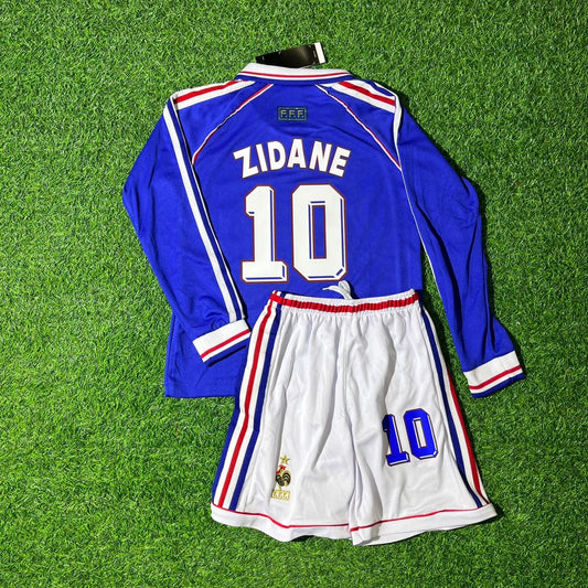 Zinedine Zidane France 1998 World Cup Retro Long Sleeve Kids Football Jersey Kit